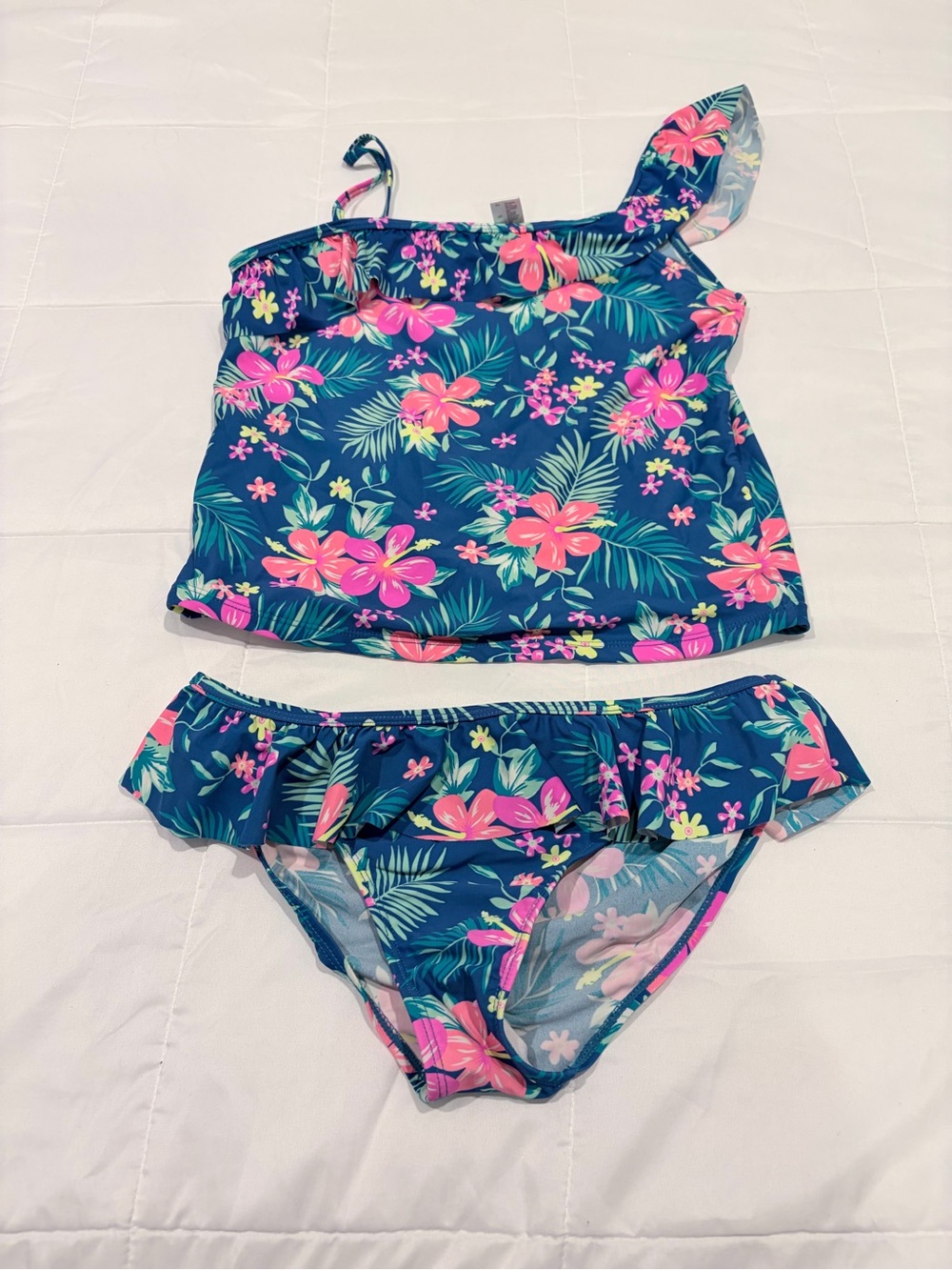 Navy Floral Ruffle Tankini with Pink Flowers